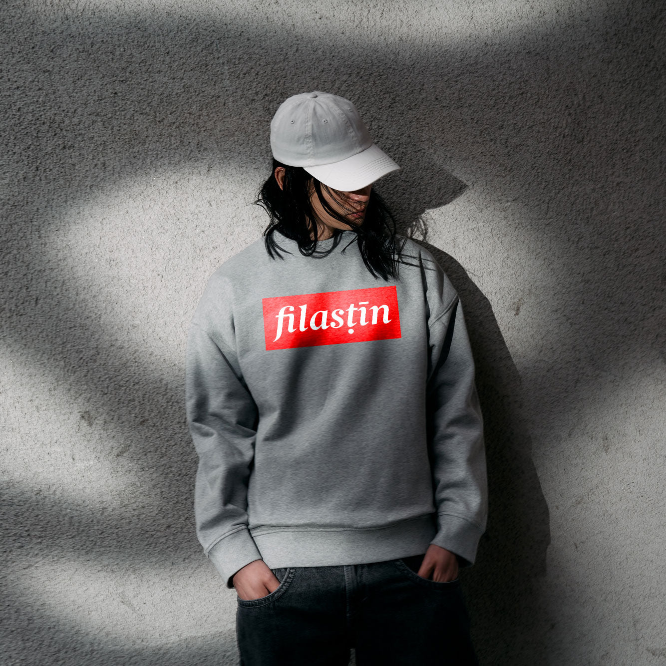 Red and white 'Filastin' on grey Men's Boxy Crewneck