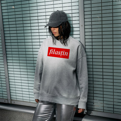 Red and white 'Filastin' on grey oversized crewneck