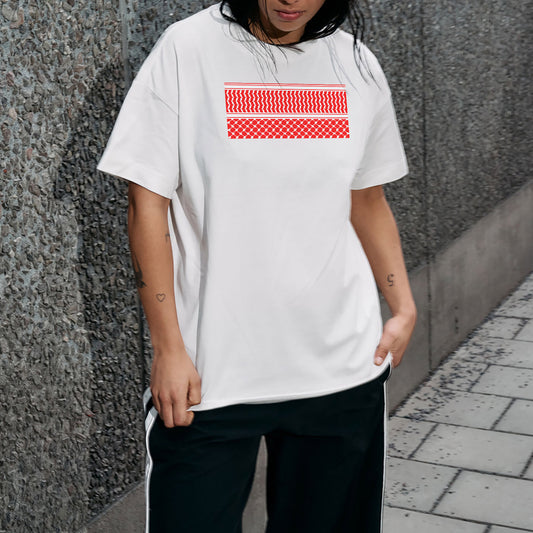 Red and white print kuffiye pattern on white Women's Oversized Tee