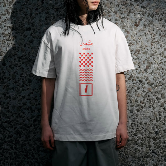 Filastin Men's Oversized Tee with red print Kuffiye Elements