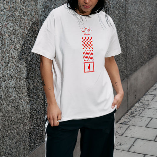 Filastin Women's Oversized Tee with red print Kuffiye Elements