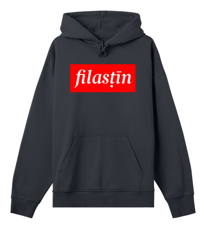 Red and white 'Filastin' on off-black Men's Boxy Hoodie