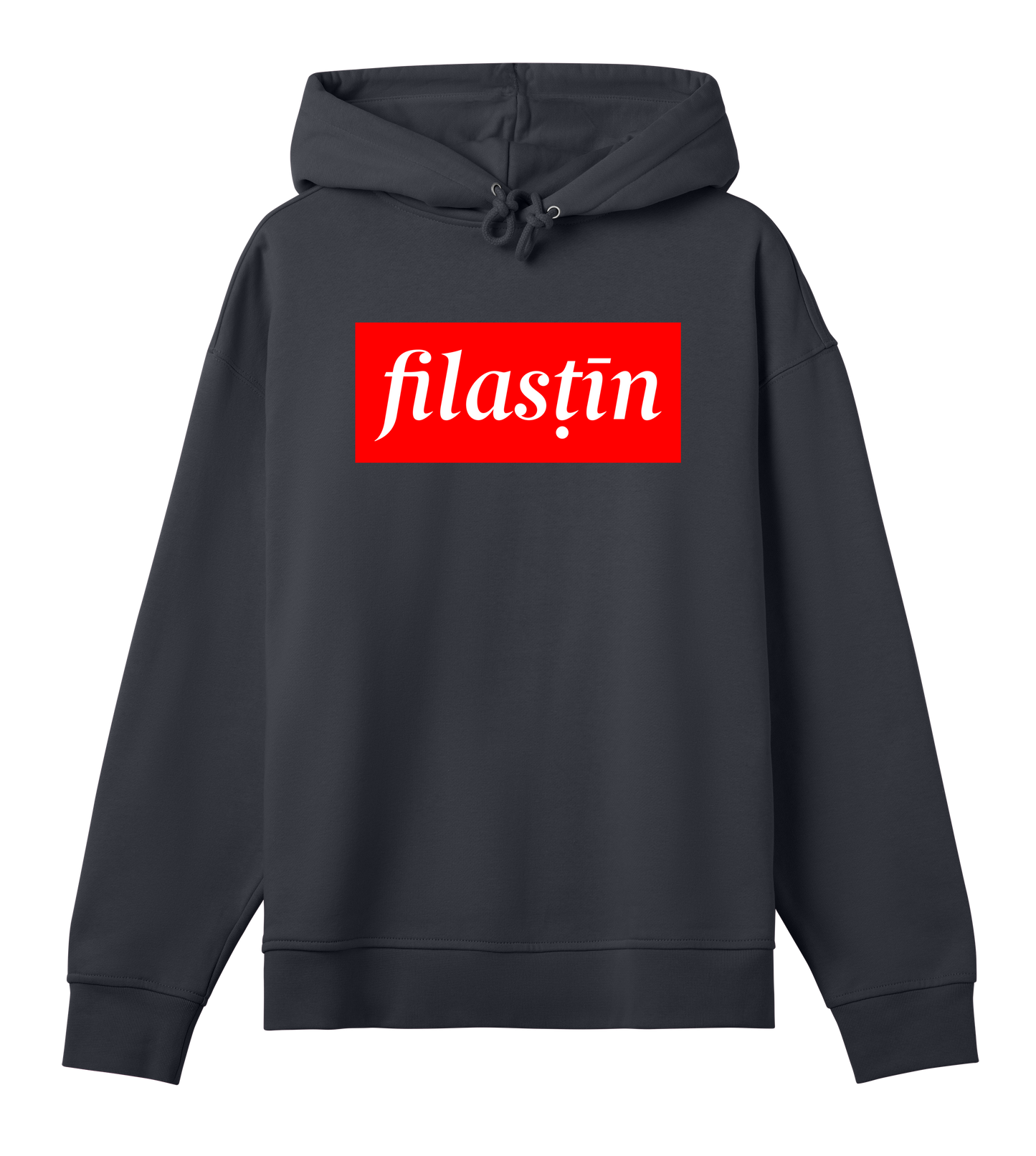 Red and white 'Filastin' on off-black oversized hoodie