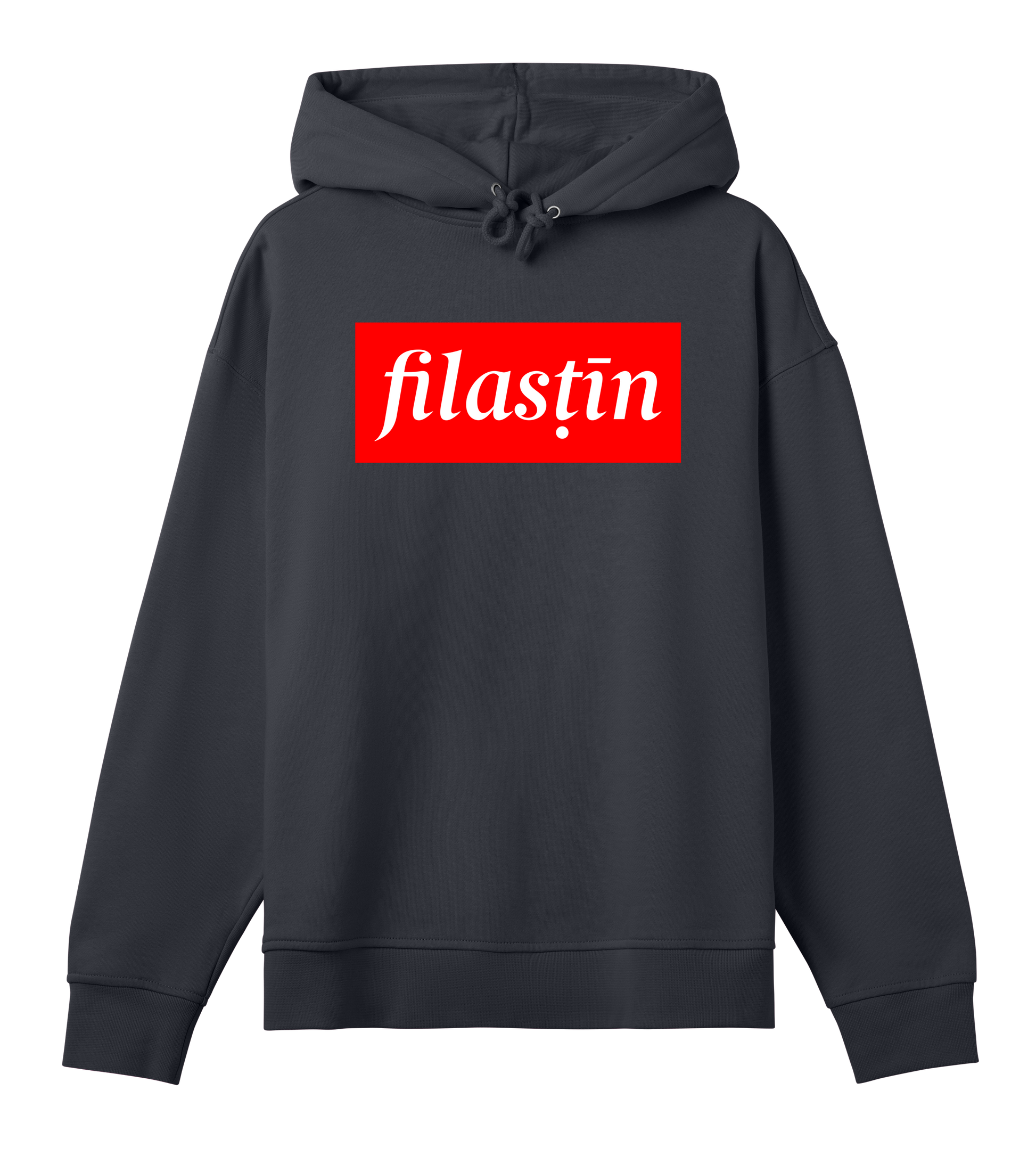 Red and white 'Filastin' on off-black oversized hoodie