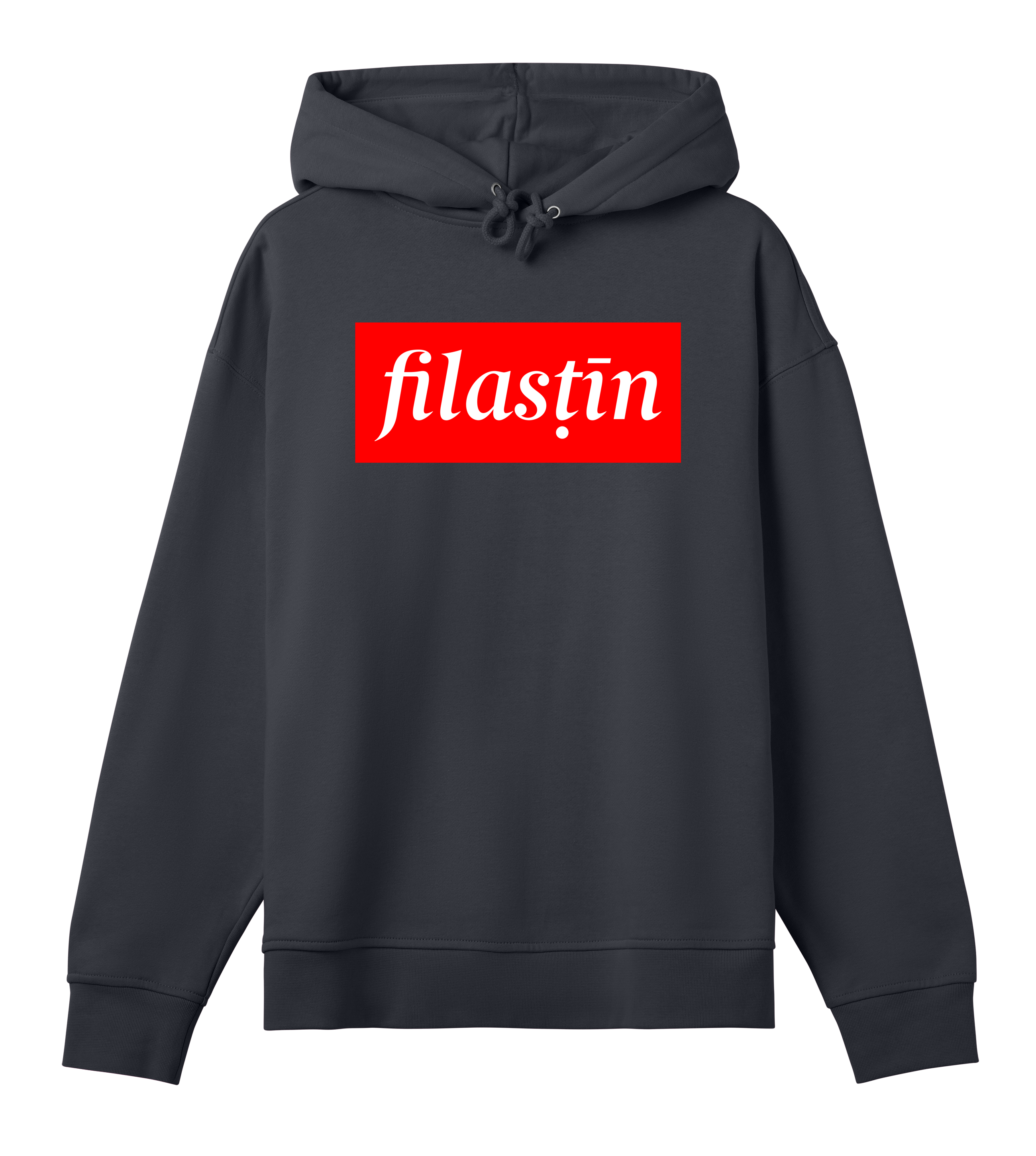 Red and white 'Filastin' on off-black oversized hoodie