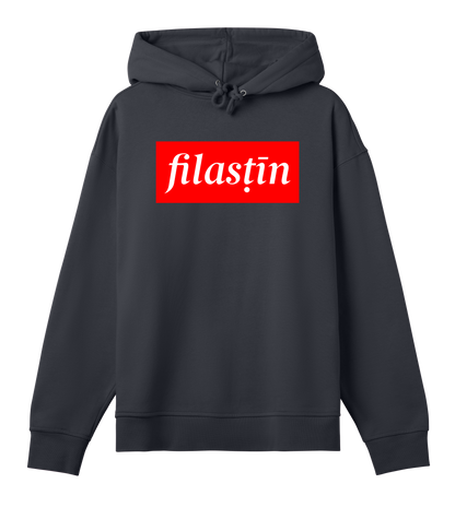 Red and white 'Filastin' on off-black oversized hoodie