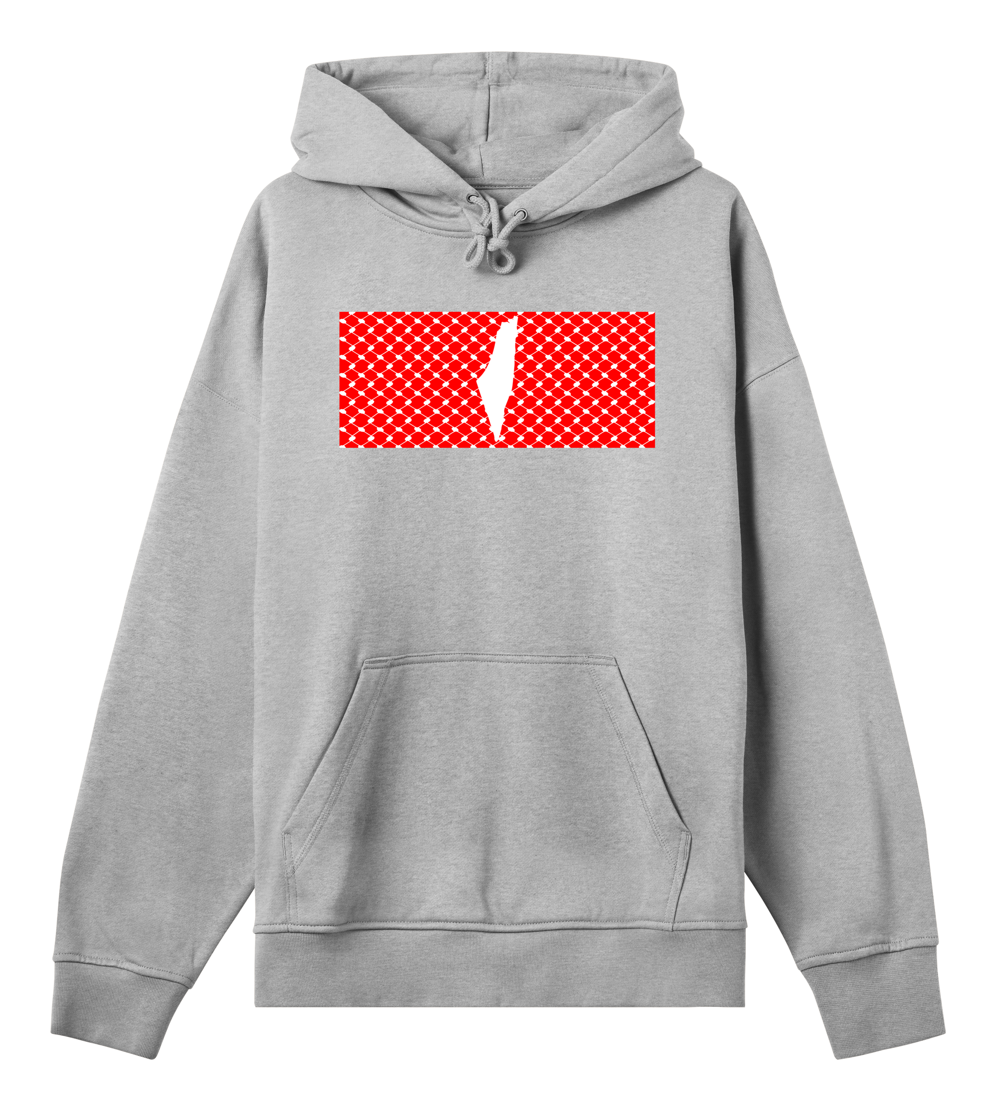 Red and white print kuffiye pattern and Palestine map on grey Men's Hoodie