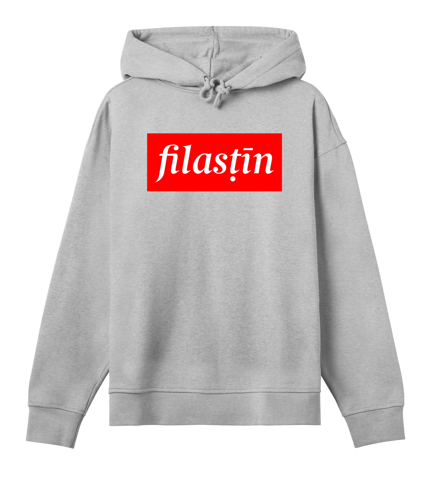 Red and white 'Filastin' on grey oversized hoodie