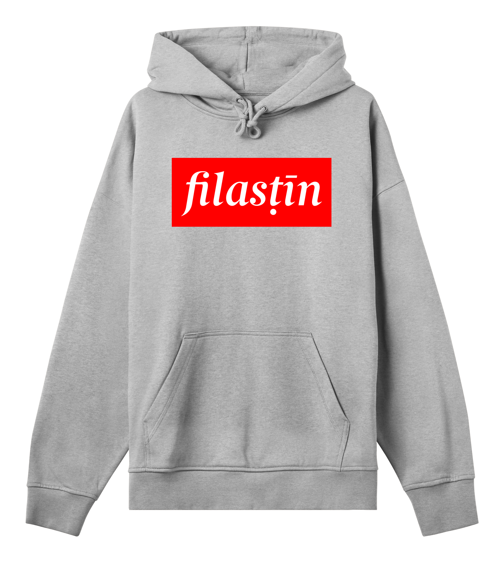 Red and white 'Filastin' on grey Men's Boxy Hoodie