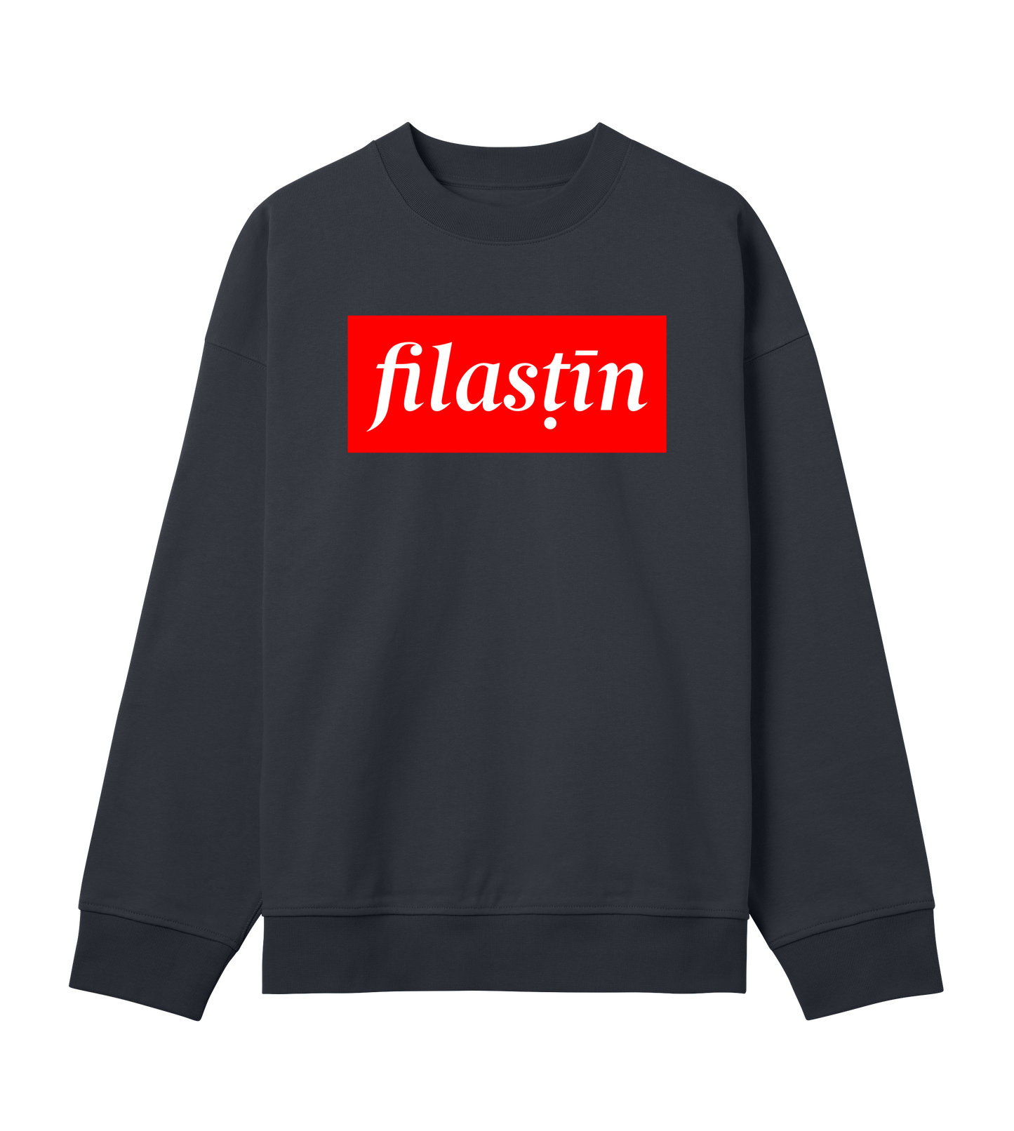 Red and white 'Filastin' on off-black Men's Boxy Crewneck