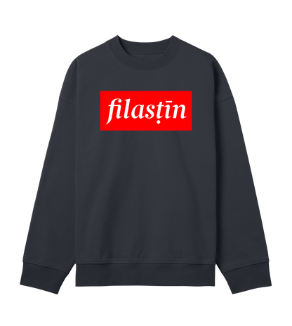 Red and white 'Filastin' on off-black Men's Boxy Crewneck