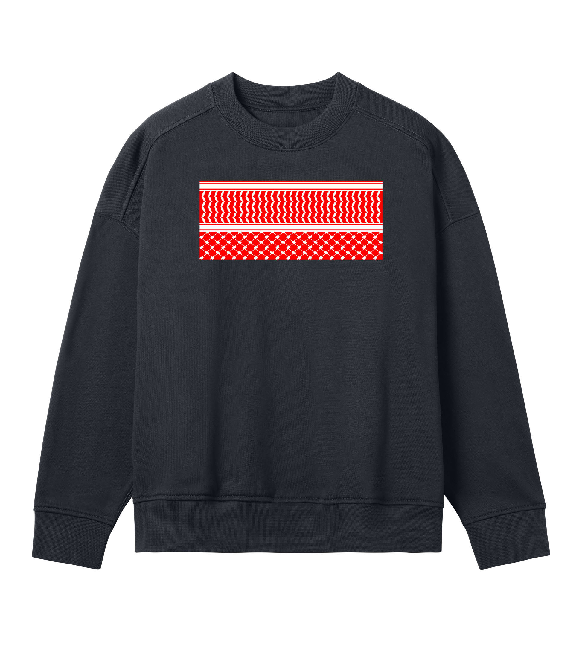 Red and white print kuffiye pattern on off-black Women's Oversized Crewneck