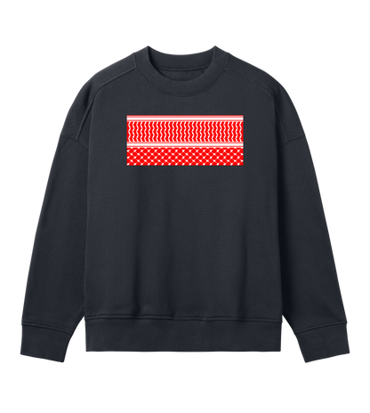 Red and white print kuffiye pattern on off-black Women's Oversized Crewneck