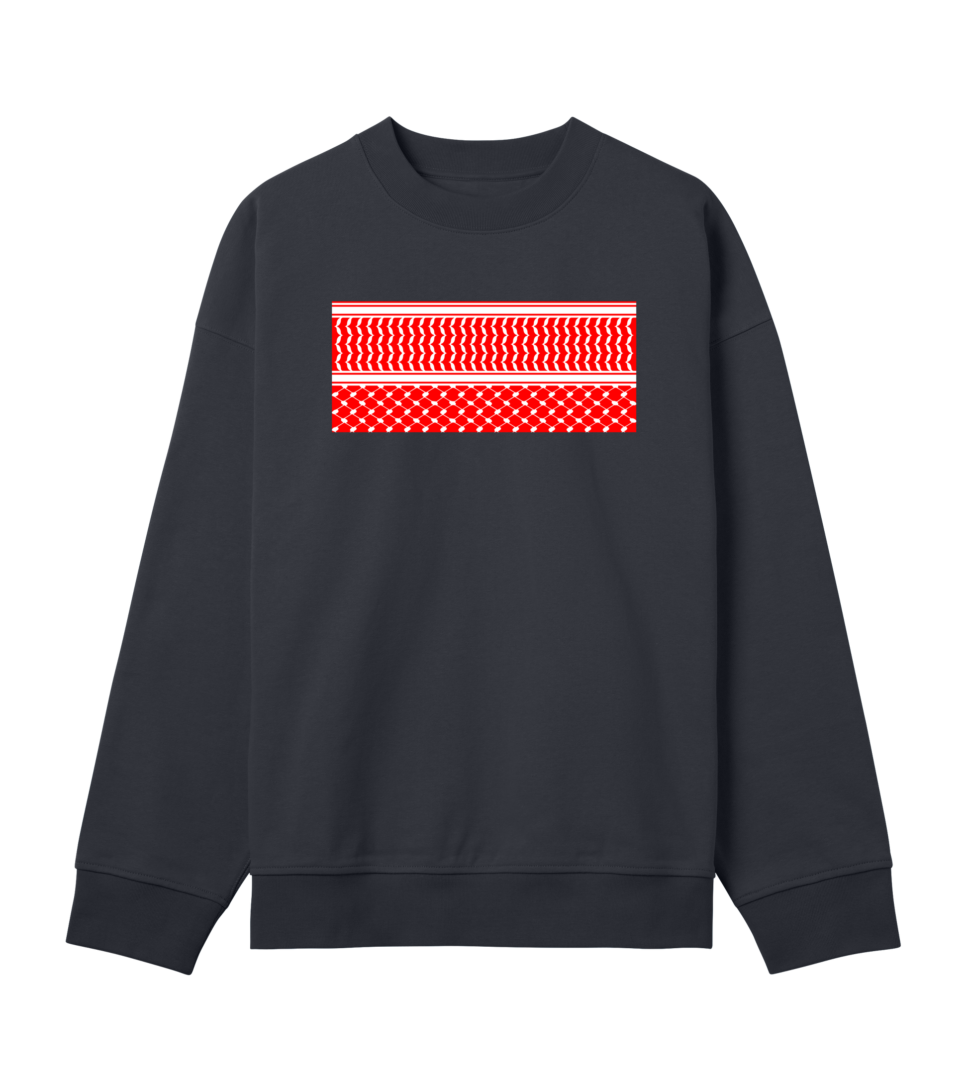 Red and white print kuffiye pattern on off-black Men's Boxy Crewneck