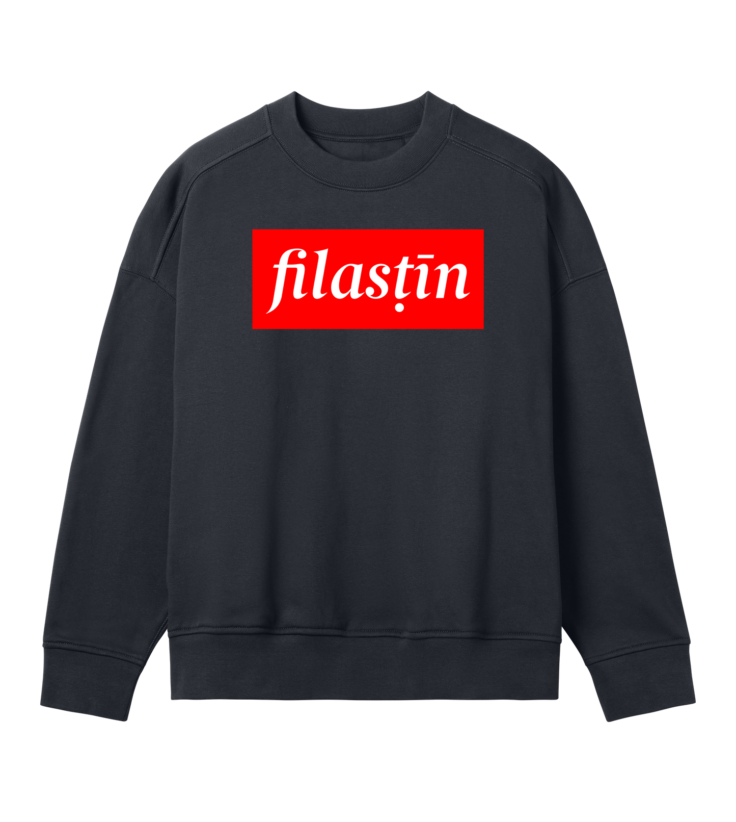 Red and white 'Filastin' on off-black oversized crewneck