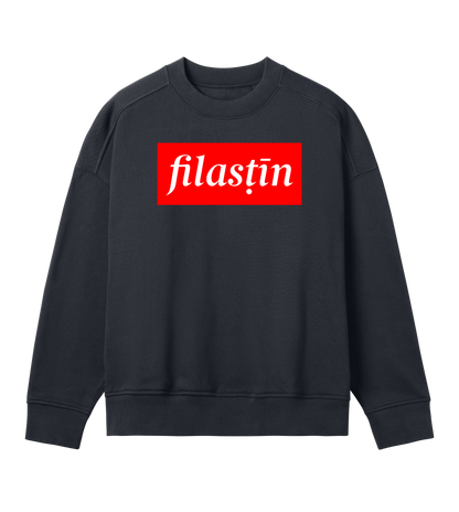 Red and white 'Filastin' on off-black oversized crewneck