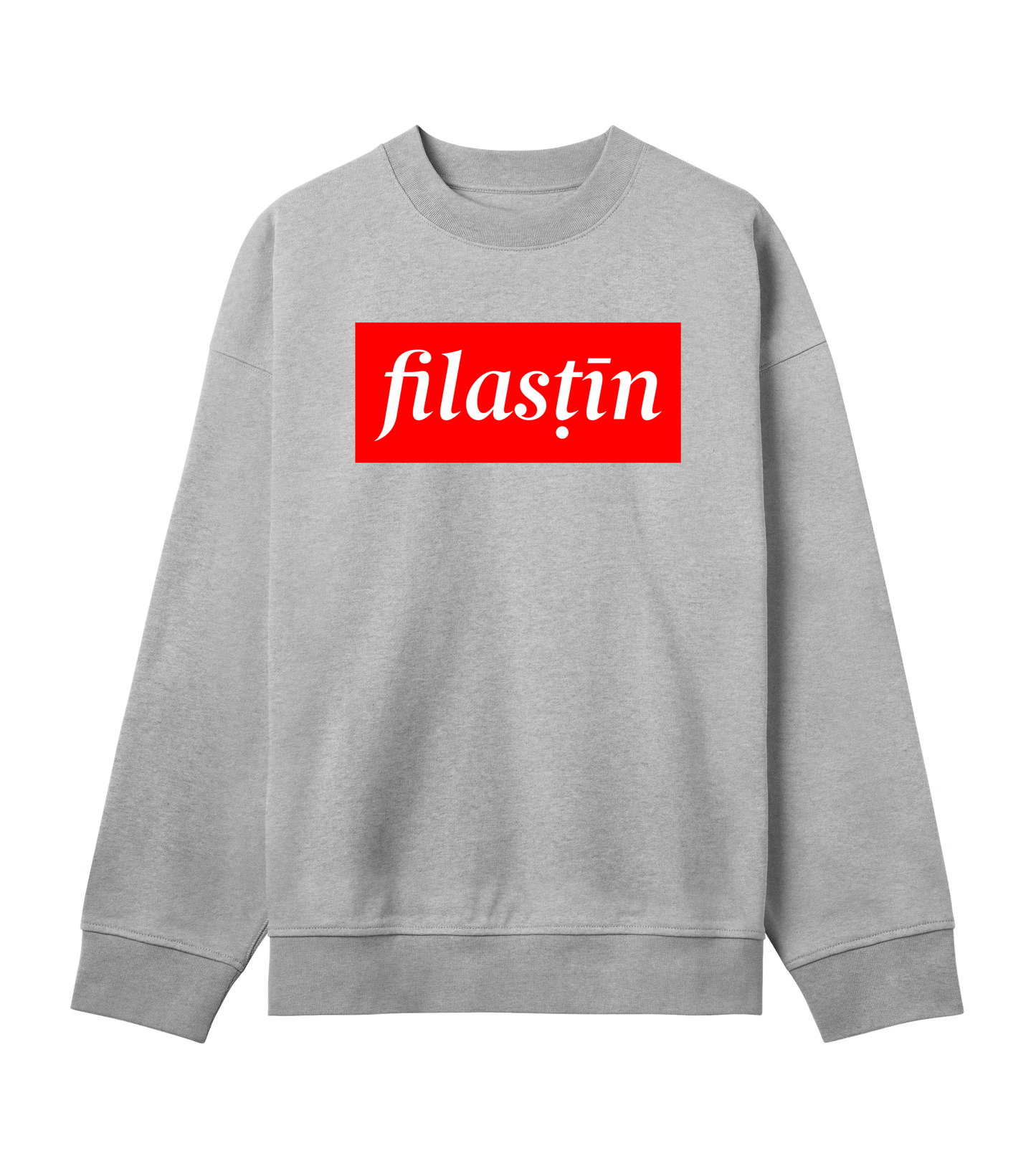 Red and white 'Filastin' on grey Men's Boxy Crewneck