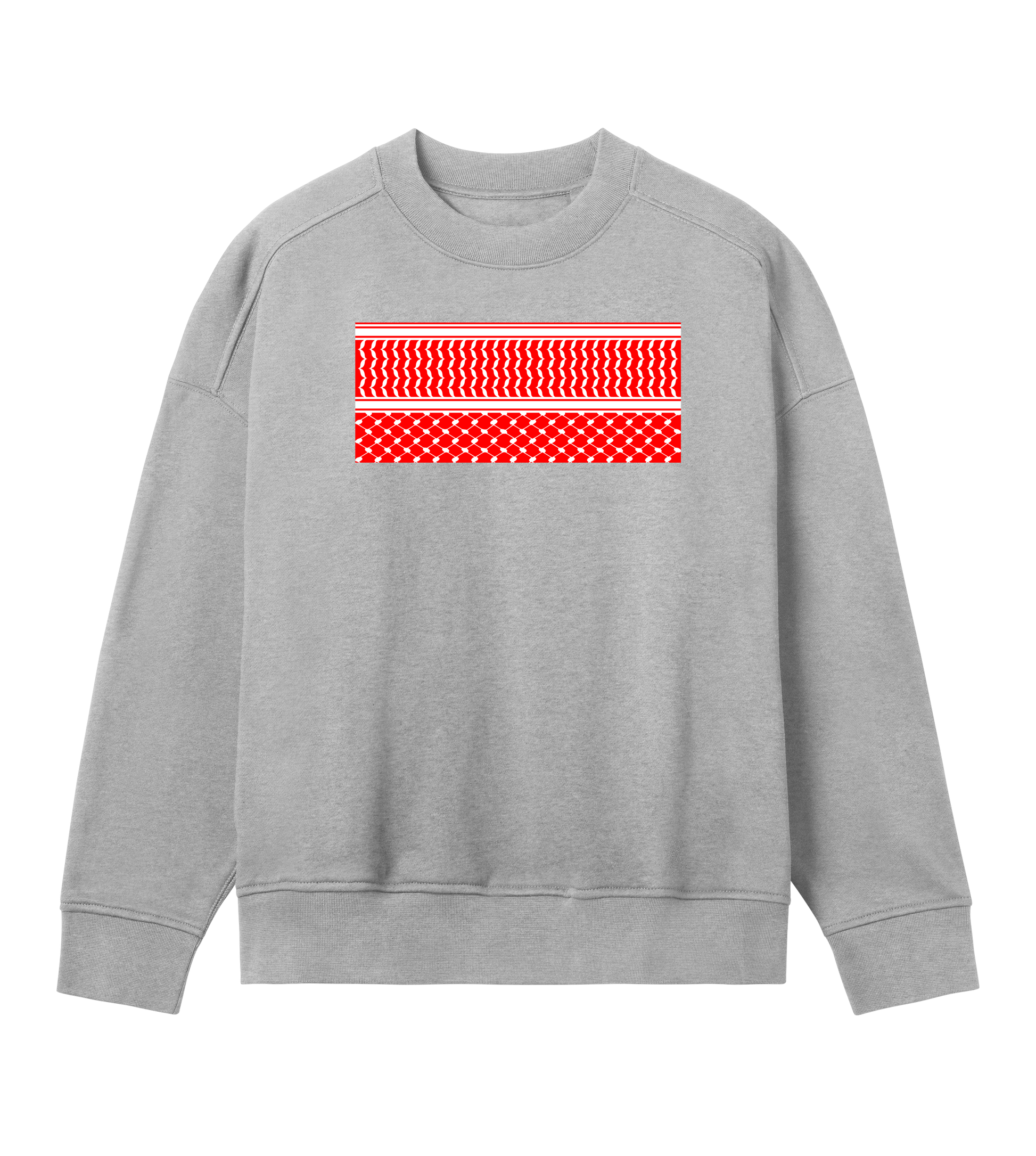 Red and white print kuffiye pattern on grey Women's Oversized Crewneck