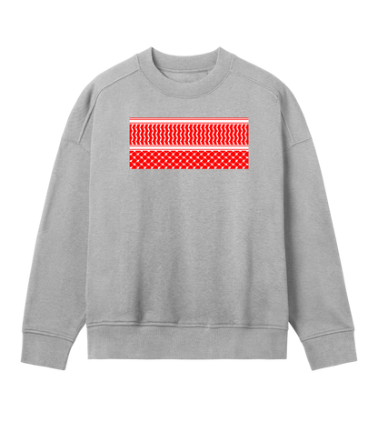 Red and white print kuffiye pattern on grey Women's Oversized Crewneck