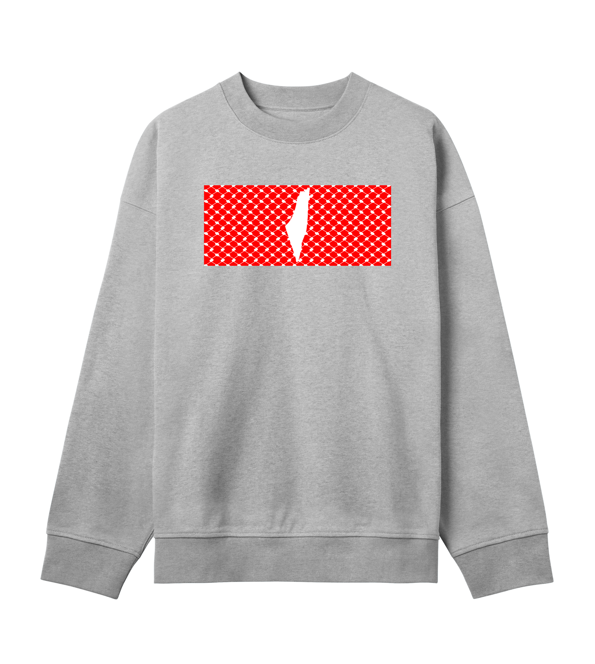 Red and white print kuffiye pattern and Palestine map on grey Men's Boxy Crewneck