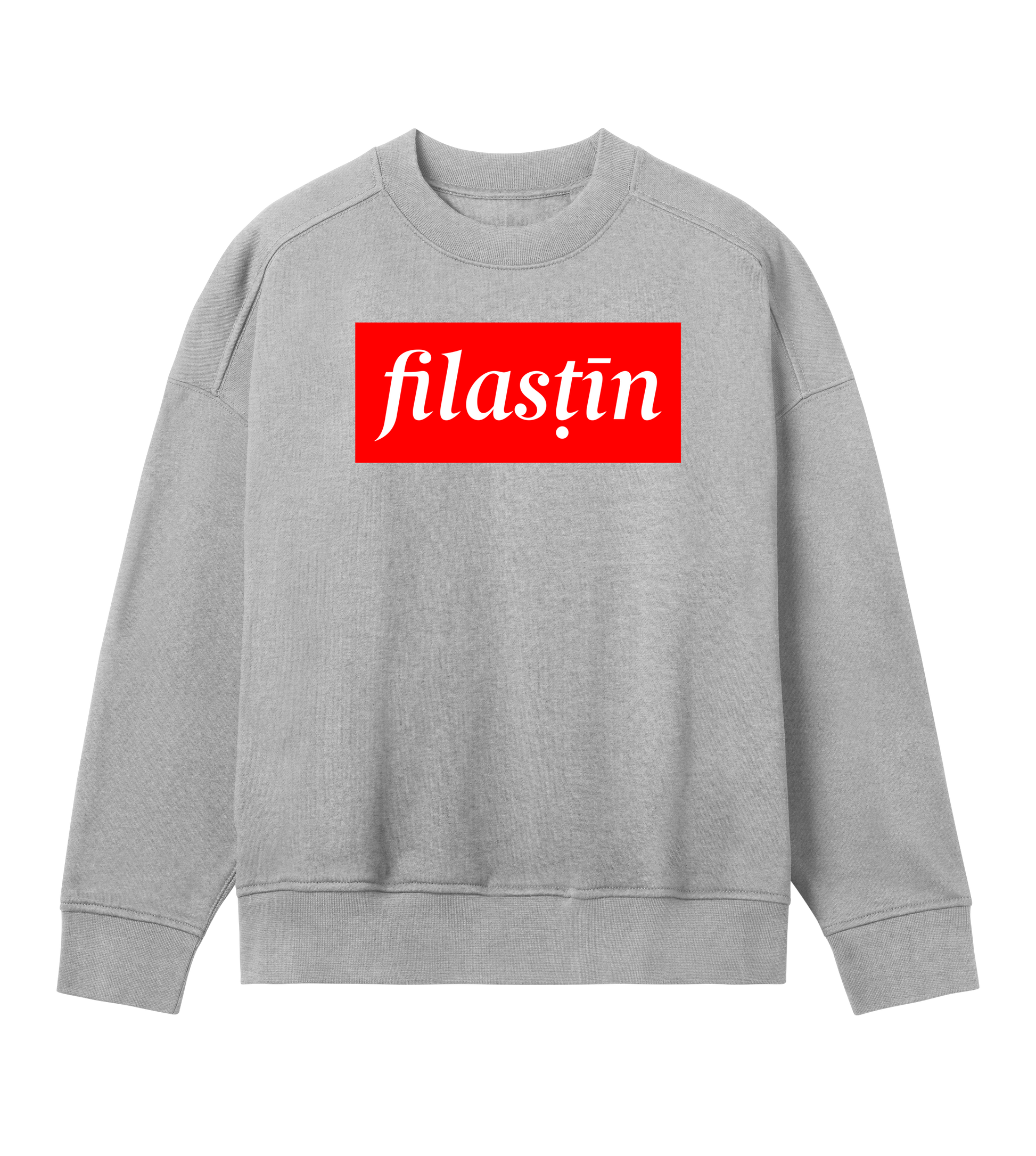 Red and white 'Filastin' on grey oversized crewneck