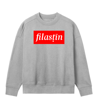 Red and white 'Filastin' on grey oversized crewneck