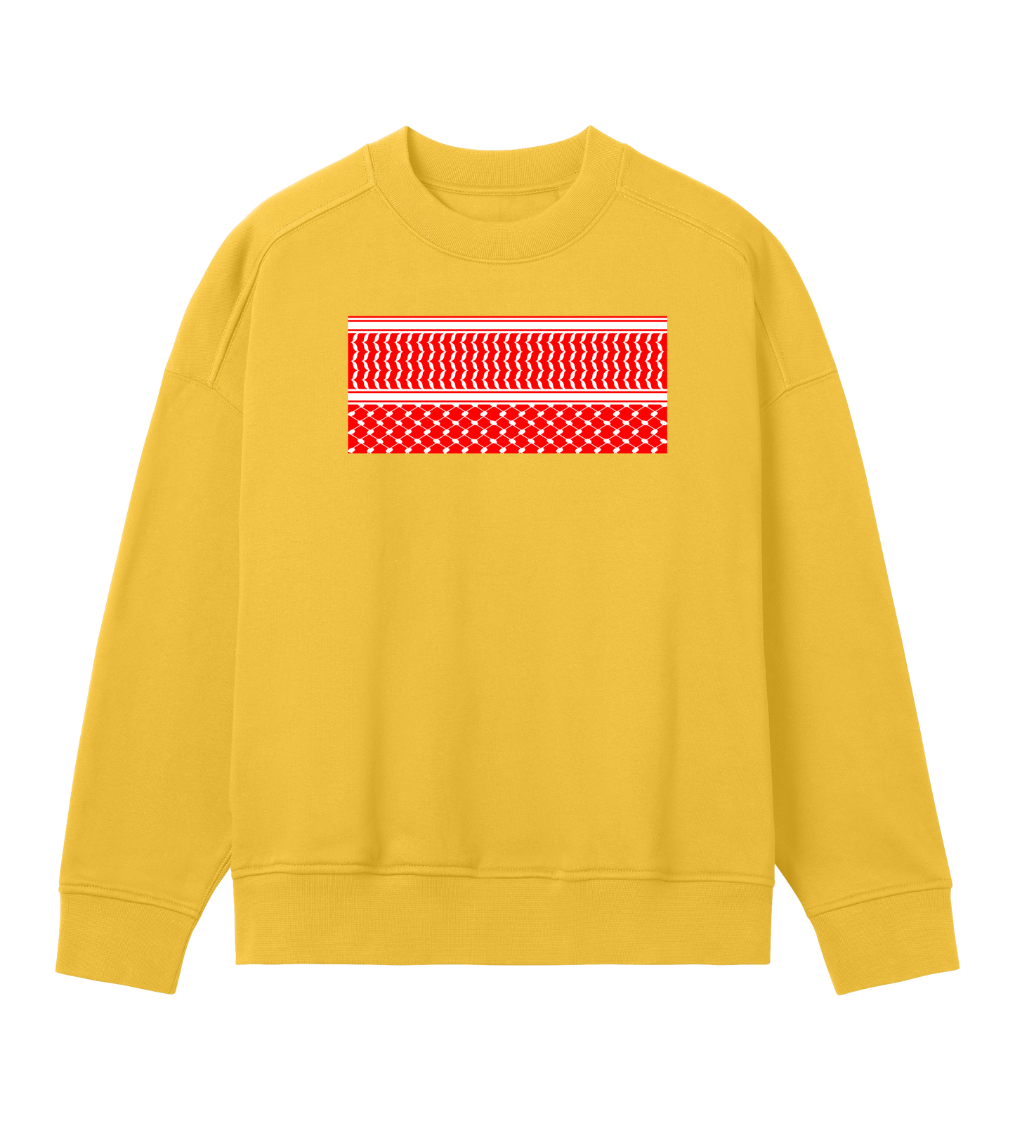 Red and white print kuffiye pattern on yellow Women's Oversized Crewneck