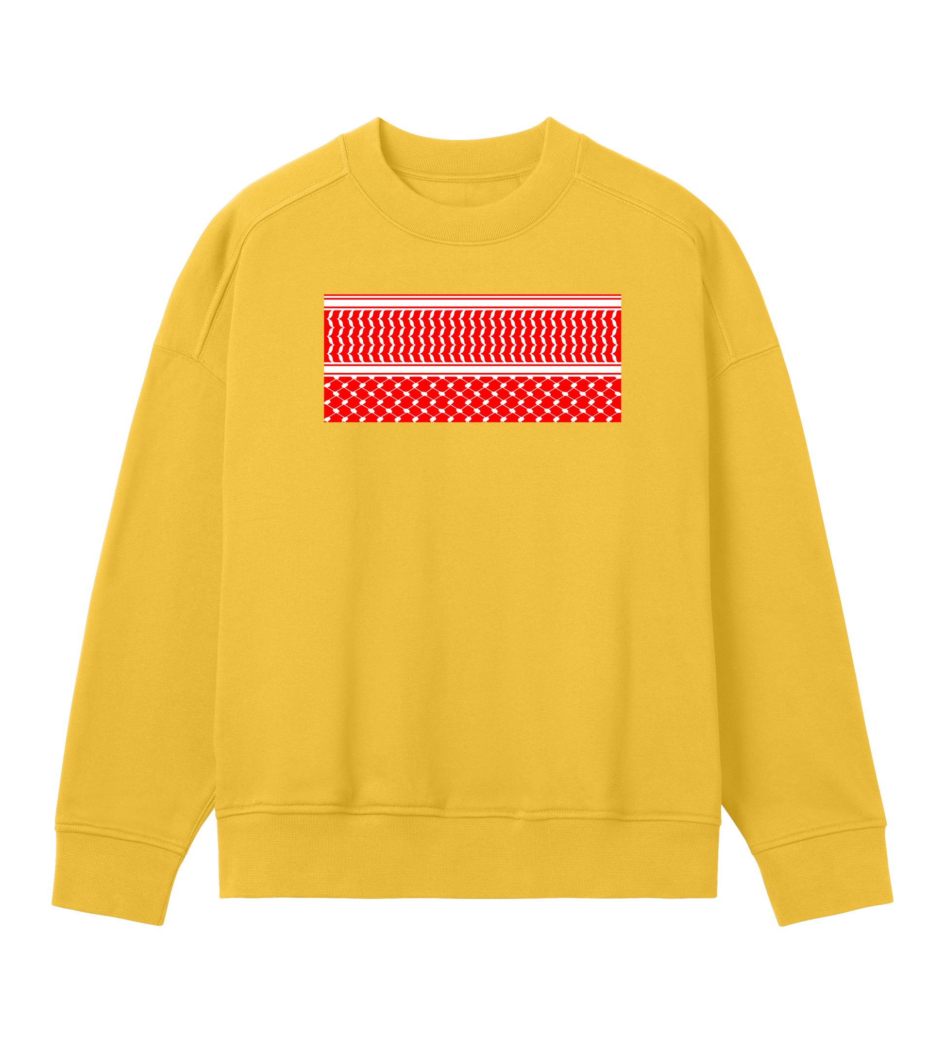 Red and white print kuffiye pattern on yellow Women's Oversized Crewneck