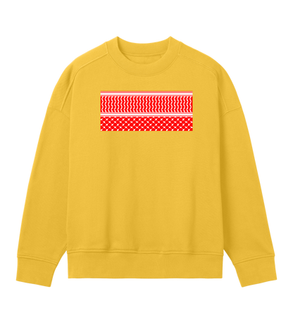 Red and white print kuffiye pattern on yellow Women's Oversized Crewneck