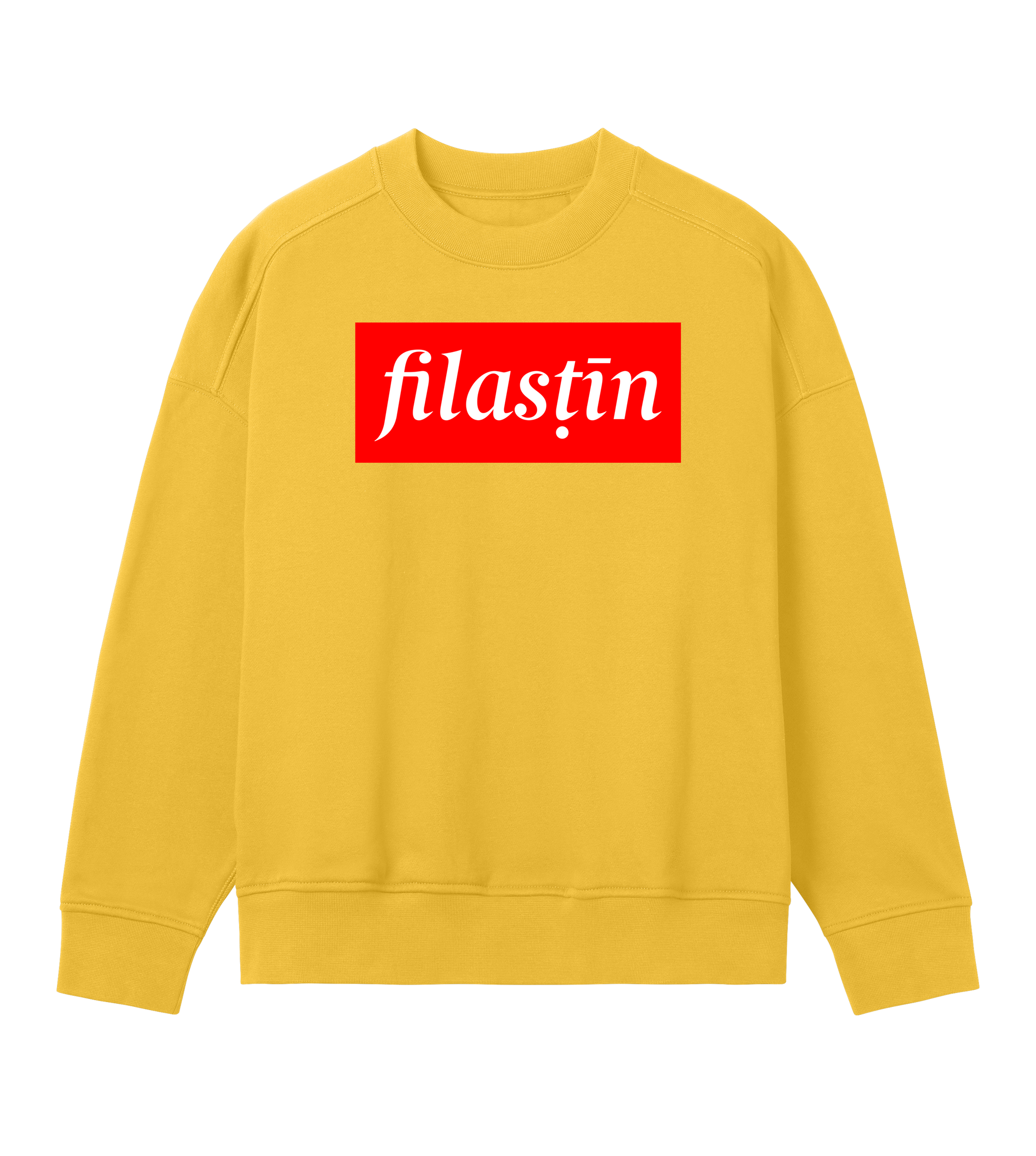 Red and white 'Filastin' on yellow oversized crewneck