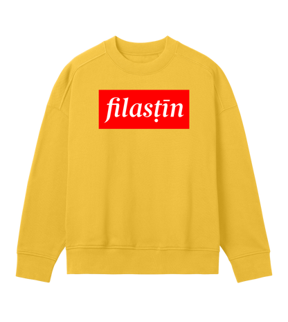 Red and white 'Filastin' on yellow oversized crewneck