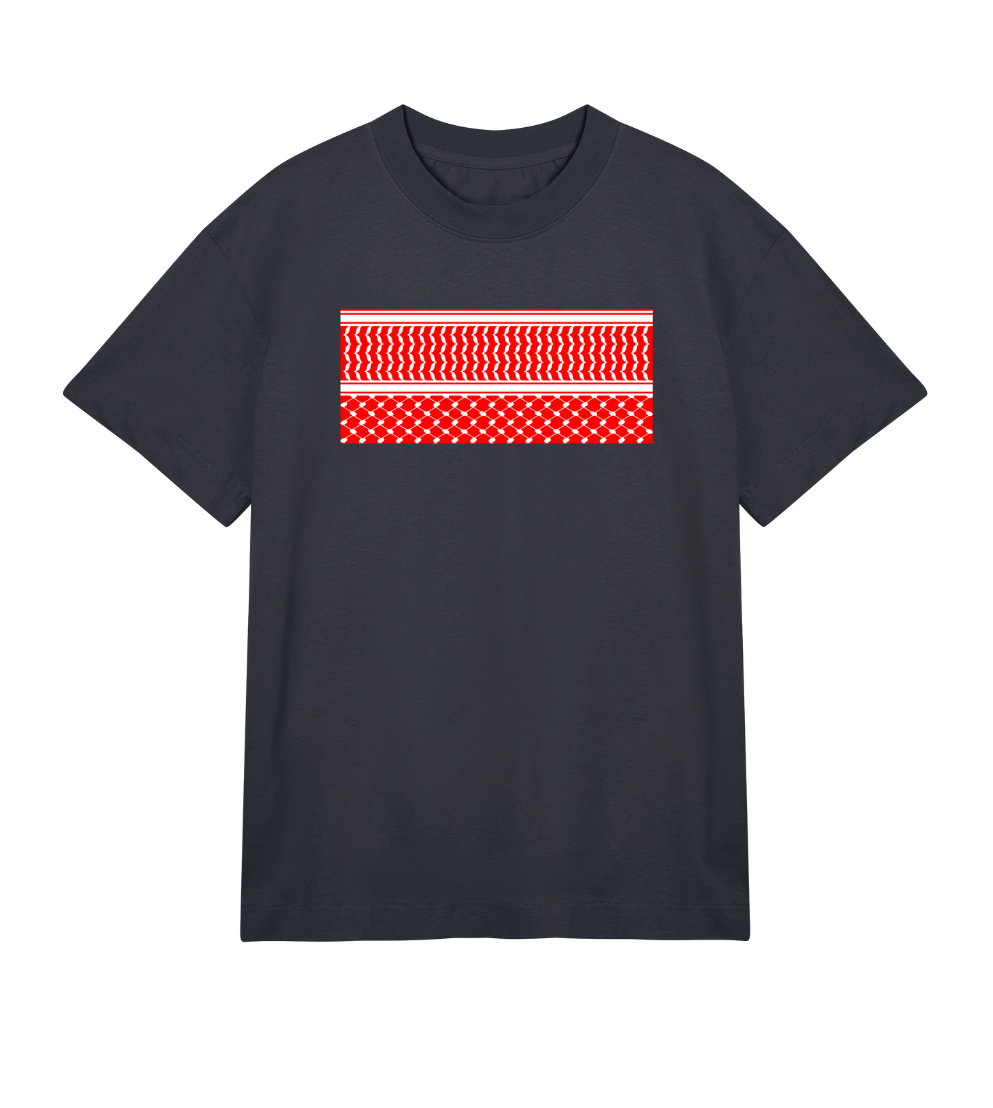 Red and white print kuffiye pattern on off-black Men's Boxy Tee