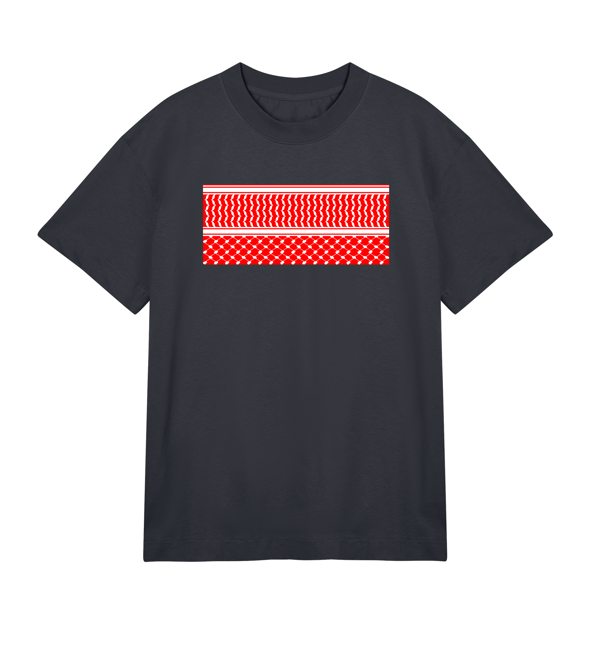 Red and white print kuffiye pattern on off-black Men's Boxy Tee