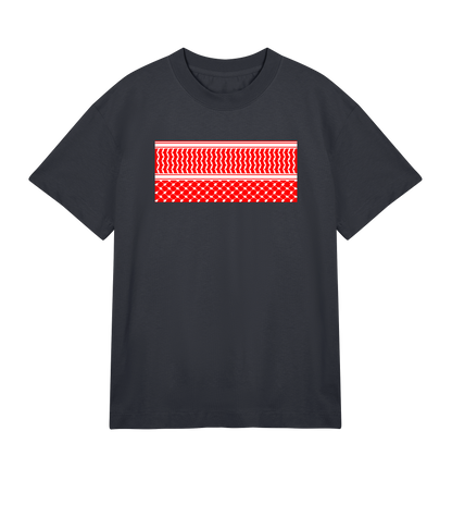 Red and white print kuffiye pattern on off-black Men's Boxy Tee