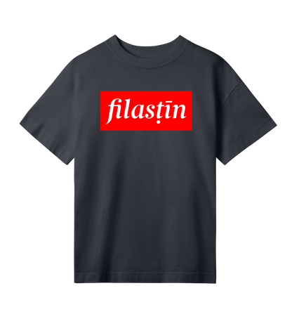 Red and off-black 'Filastin' on off-black oversized tee