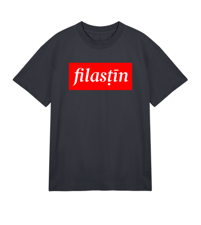 Red and white 'Filastin' on off-black Men's Boxy Tee