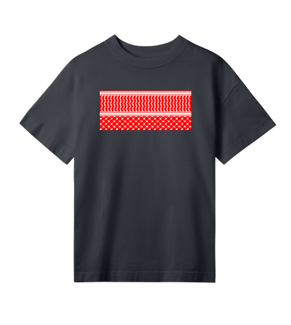 Red and white print kuffiye pattern on off-black Women's Oversized Tee