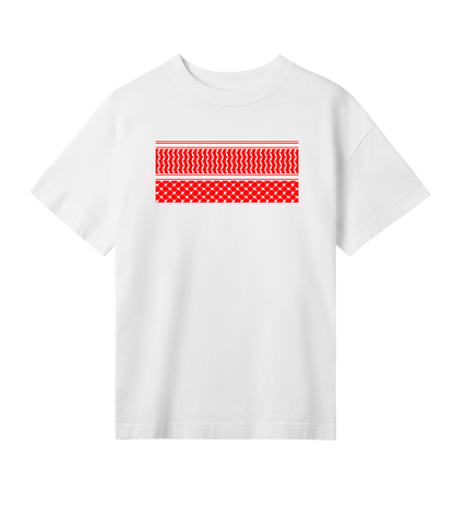 Red and white print kuffiye pattern on white Women's Oversized Tee